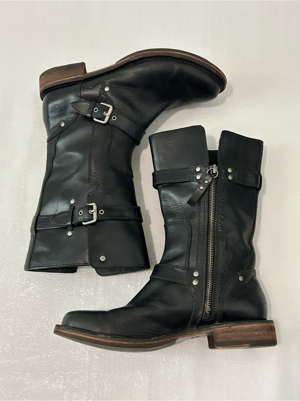 UGG Black Leather Motorcycle Buckle Boots